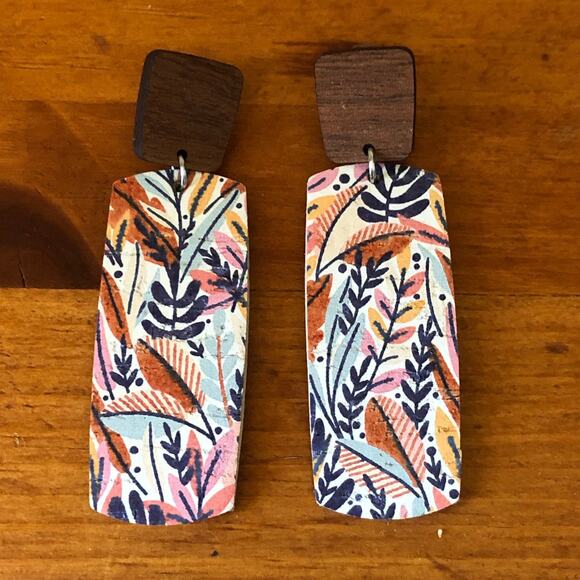 Hello Happiness Designs Fall Floral Wood Stud with Cork Leather Dangle Earrings - Picture 3 of 5